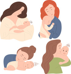 Set of 4 figures of mother hugging a newborn baby. Flat illustration.