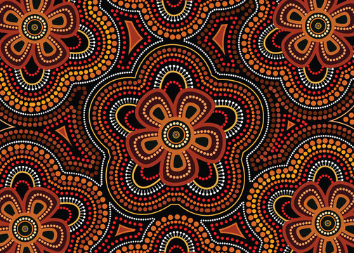 Aboriginal dot art vector seamless flower pattern background. 