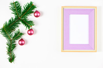 Festive composition of Christmas decorations on white background.