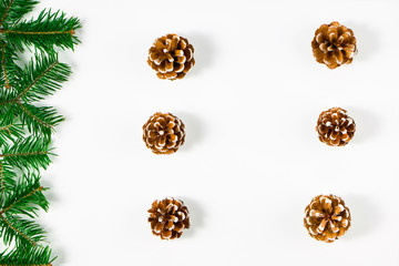 Festive composition of Christmas decorations on white background.