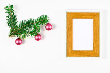 Festive composition of Christmas decorations on white background.