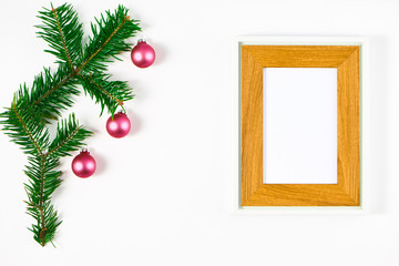Festive composition of Christmas decorations on white background.