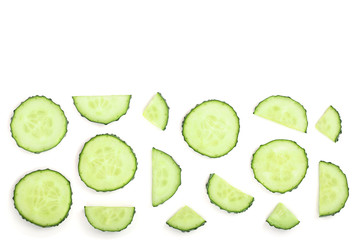 Cucumber slices isolated on white background with copy space for your text. Top view. Flat lay pattern. Set or collection