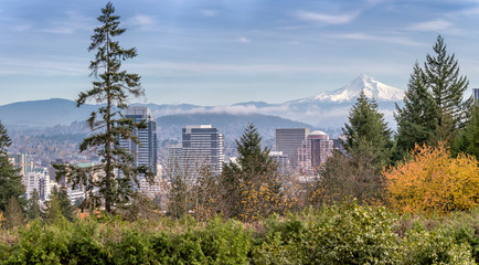 Portland Oregon skyline panorama and Mt. Hood.