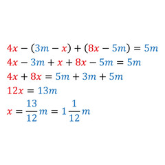 Algebraic parametric equation with one variable. Positive and negative numbers are simple fractions and mixed fractions