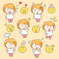 Design elements vector of cute woman cartoon character in different poses and emotions.