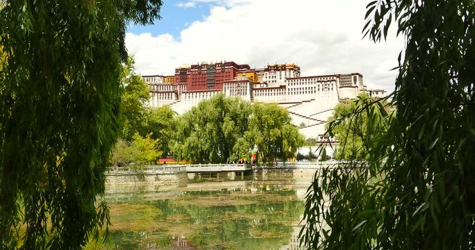 4k Potala reflection on lake in Lhasa park,Tibet.lake with willow.