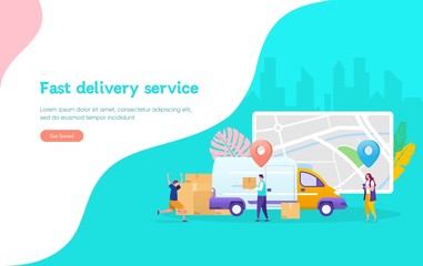 Online delivery service concept, online order tracking, young man happy the package arrived, can use for, landing page, template, ui, web, mobile app, poster, banner, flyer