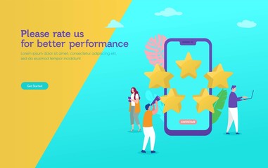 Costumer review rating vector illustration concept, people give review rating and feedback with smartphone , can use for, landing page, template, ui, web, mobile app, poster, banner, flyer, background