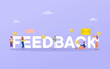 Feedback word rating vector illustration concept, people give review rating and feedback with smartphone , can use for, landing page, template, ui, web, mobile app, poster, banner, flyer, background