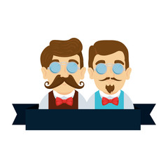 men couple hipster with mustache and glasses
