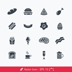 Food and Drink Related Icons / Vectors | Contains Such bread, burger, pizza, chicken, hot dog, sausage, egg, cupcake, french fries, ice cream, steak, bacon, toast, beer, coffee, tea, wine