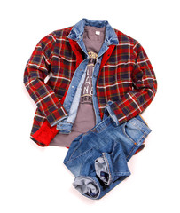 Men's casual clothes and accessories. Shirt, t-shirt and jeans isolated on white background