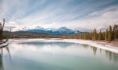 A long exposure of a river that is thawing in spring while the distant peaks are still covered in snow