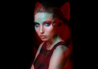 Gothic girl and wolf double exposure on black background. Werewolf concept. space for text