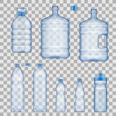 Water bottles and containers mockups, vector