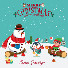 Vintage Christmas poster design with vector Santa Claus, elf, snowman, penguin, reindeer characters.