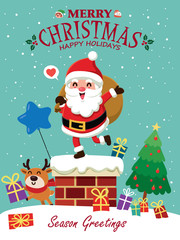 Vintage Christmas poster design with vector Santa Claus, snowman, reindeer, elf characters.