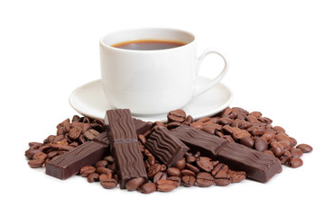 Coffee beans and cute chocolate on white background