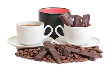 Coffee beans and cute chocolate on white background