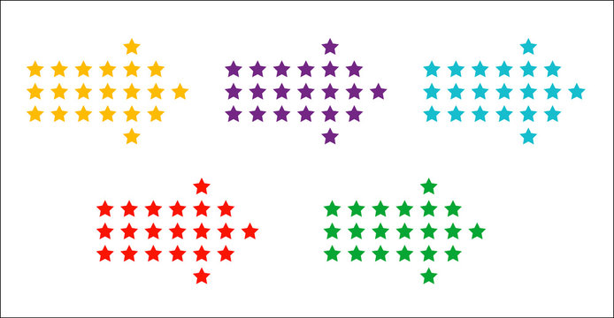 Set of colored arrows pointing right. New bright arrows in stars for your projects. Dinamic isolated on white background.