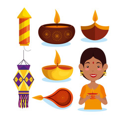 happy diwali festival of lights set icons