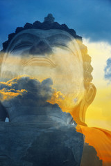 A peaceful superimposed or double exposure image of Sukhothai Buddha statue from Sukhothai...