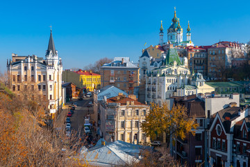 Kiev / Ukraine - November 7 2018: View on Saint Andrew's church and Andreevska street , cityscape...