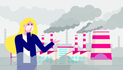 Confused woman wearing mask against smog. Fine dust, air pollution, industrial smog protection concept flat style design vector illustration. Industrial factory pipes with huge clouds of smoke behind.