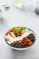 Quinoa lentil chickpeas vegetable vegetarian buddha bowl top view Healthy food