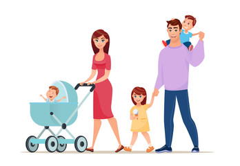 Walking happy family. Cartoon style vector illustration. Young happy parents with three children is walking  together. 
