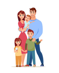 Fototapeta na wymiar A happy family. Vector illustration. Young happy parents with their three children