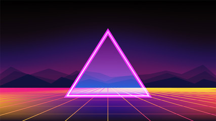 Retro Sci-Fi Background with mountains. Futuristic Vector illustration in 80s posters style.