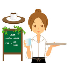 職業　ウェイトレス　水を提供する　上半身