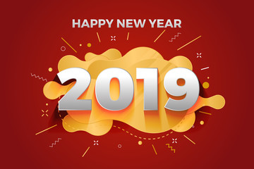 Happy new year 2019 abstract paper cut greeting card background design. Vector illustration