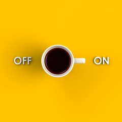 Top view of a cup of coffee isolated on yellow background, Coffee concept illustration, 3d rendering