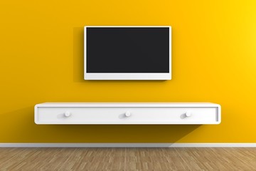 Interior of empty room with TV, Living room led tv on yellow wall with wooden table modern loft style, 3d rendering