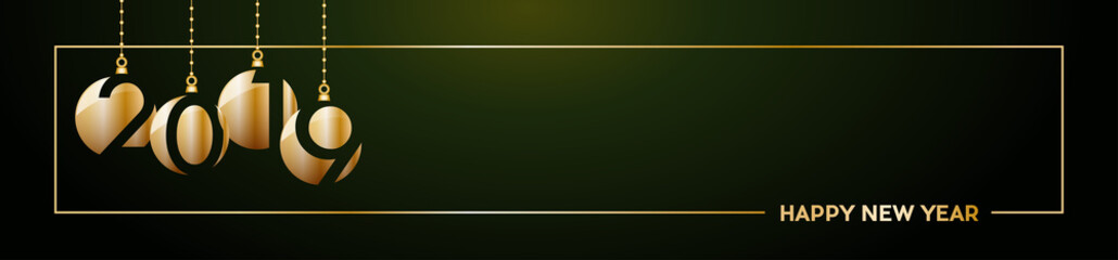 2019 Happy New Year header background. Golden text with frame, banner