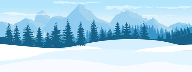 Horizontal Winter Landscape. Mountains fir tree forest in distant. Flat color vector Illustration.