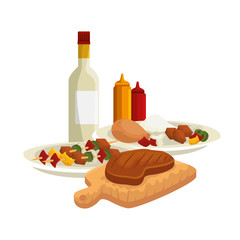 meat beef in wooden board with sauces and wine