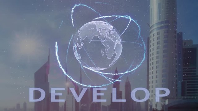 Develop text with 3d hologram of the planet Earth against the backdrop of the modern metropolis. Futuristic animation concept