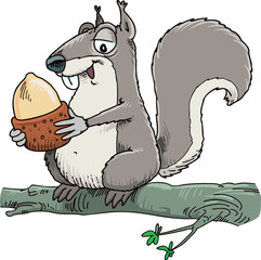 Cartoon funny squirrel holding pine cone