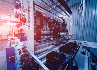 Modern automated production line in factory. Plastic bag manufacturing process