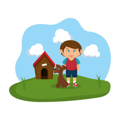 Obraz na płótnie Canvas cute dog and boy with house wooden