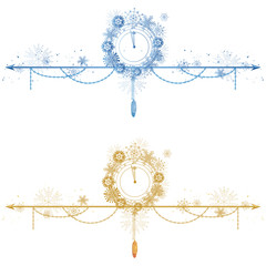 set of Christmas dividers with clock and snowflakes in blue and gold colors
