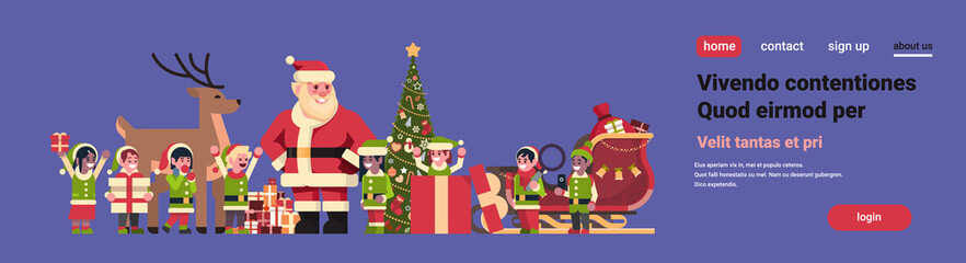 santa claus elves reindeer near fir tree decoration gift box christmas holiday new year concept flat horizontal copy space vector illustration