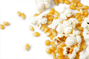Close up of Dried Corn Kernels and Popcorn Isolated on White Background.