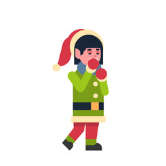 girl elf santa claus helper merry christmas holiday happy new year concept female cartoon character full length flat vector illustration