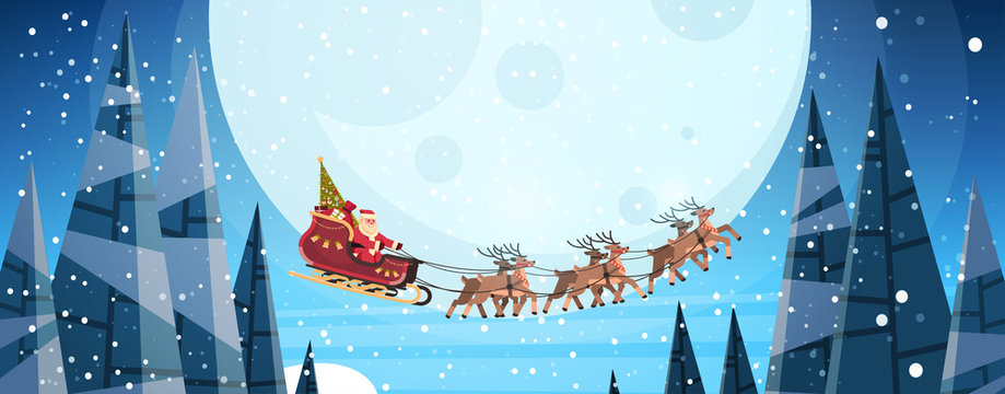 santa claus flying in sledge with reindeers night sky over moon merry christmas happy new year horizontal winter holidays concept flat vector illustration