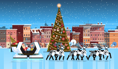 Santa with elf in robotic modern sleigh with robot reindeers city building houses night winter street merry christmas happy new year celebration concept flat horizontal vector illustration